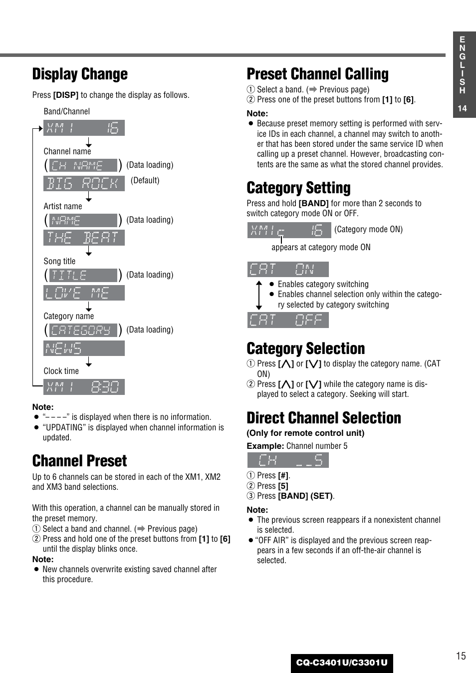 Display change, Channel preset, Preset channel calling | Category setting, Category selection, Direct channel selection | Panasonic C3301U User Manual | Page 15 / 36