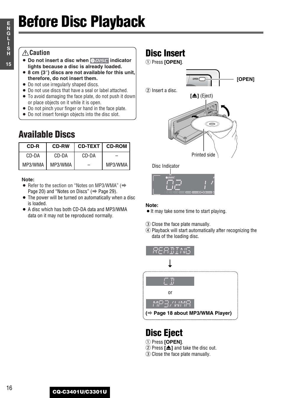 Before disc playback, Available discs, Disc insert | Disc eject, Caution | Panasonic C3301U User Manual | Page 16 / 36