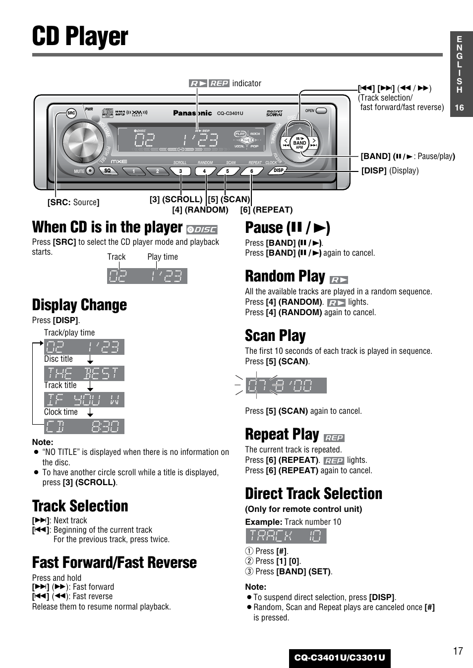 Cd player, When cd is in the player, Display change | Track selection, Fast forward/fast reverse, Pause ( y / 5 ), Random play, Scan play, Repeat play, Direct track selection | Panasonic C3301U User Manual | Page 17 / 36