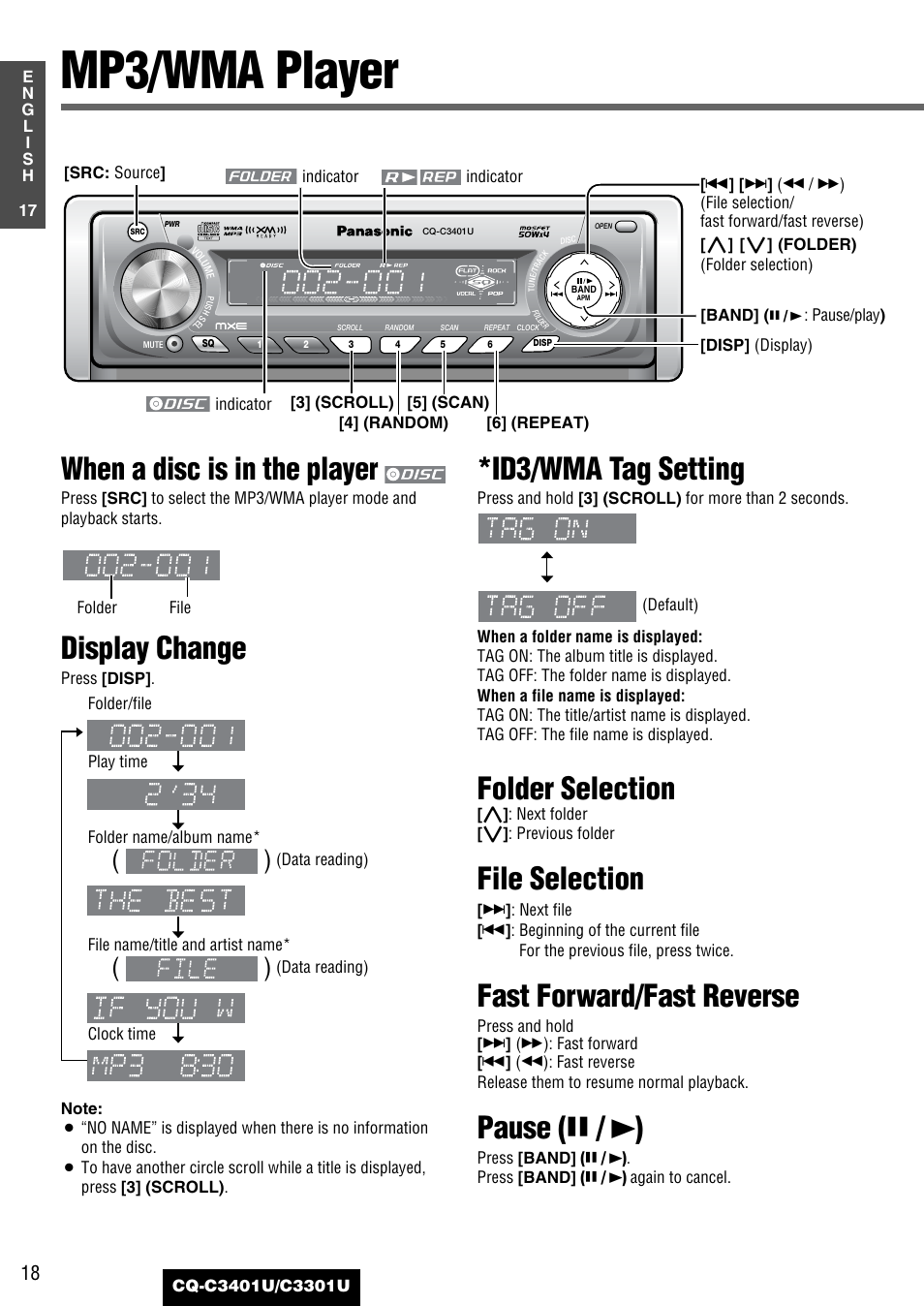 Mp3 / wma player, Mp3/wma player, When a disc is in the player | Display change, Id3/wma tag setting, Folder selection, File selection, Fast forward/fast reverse, Pause ( y / 5 ) | Panasonic C3301U User Manual | Page 18 / 36
