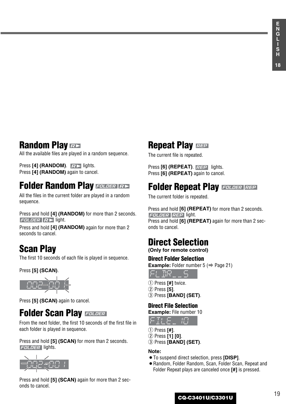 Random play, Folder random play, Scan play | Folder scan play, Repeat play, Folder repeat play, Direct selection | Panasonic C3301U User Manual | Page 19 / 36