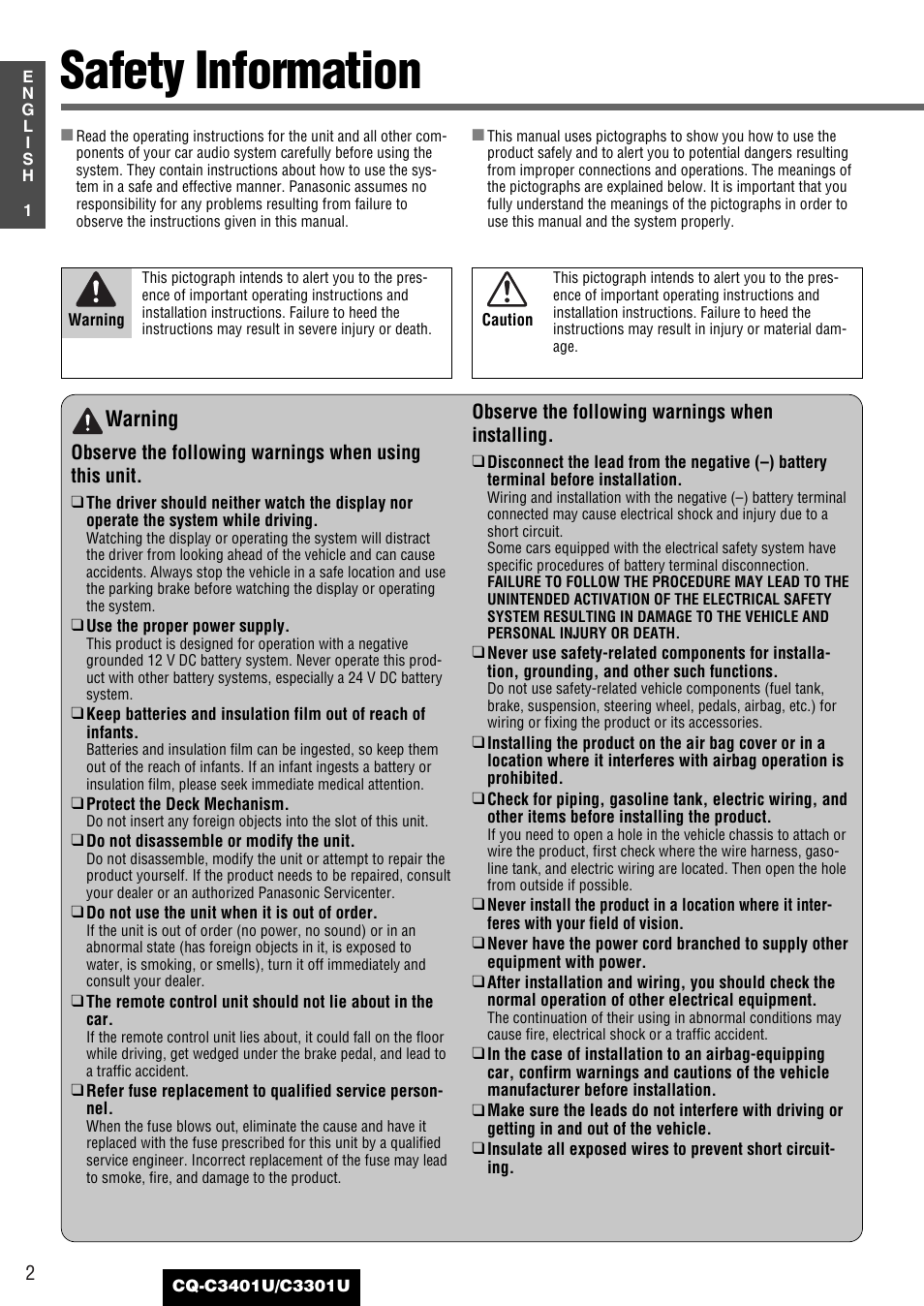 Common, Safety information, Warning | Panasonic C3301U User Manual | Page 2 / 36