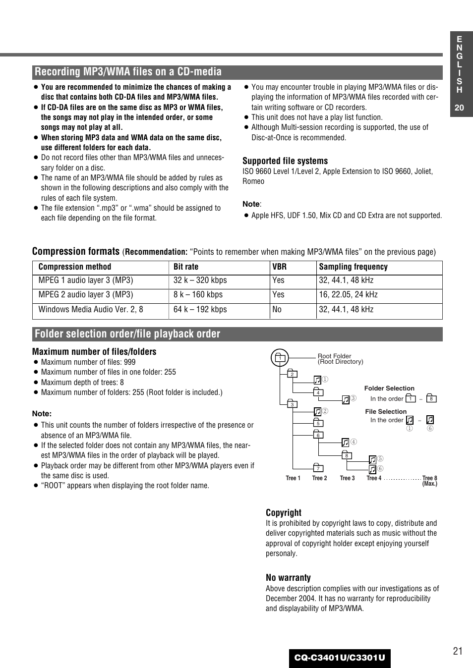 Recording mp3/wma files on a cd-media, Compression formats | Panasonic C3301U User Manual | Page 21 / 36