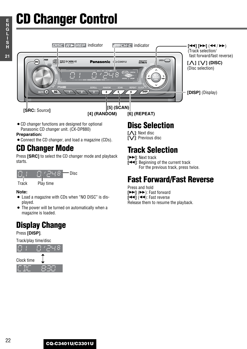 Cd changer control, Cd changer mode, Display change | Disc selection, Track selection, Fast forward/fast reverse | Panasonic C3301U User Manual | Page 22 / 36