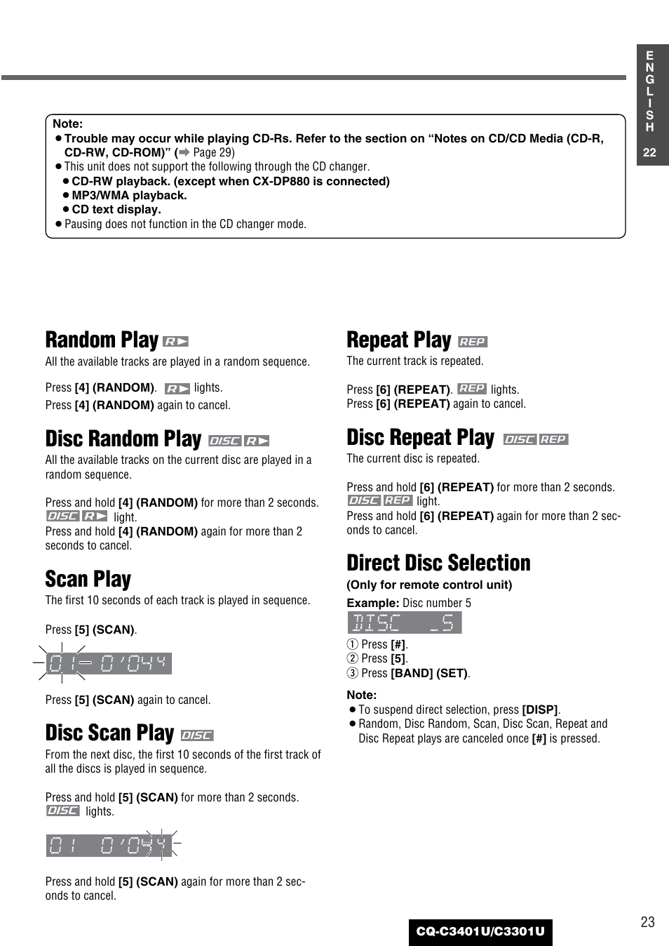 Random play, Disc random play, Scan play | Disc scan play, Repeat play, Disc repeat play, Direct disc selection | Panasonic C3301U User Manual | Page 23 / 36