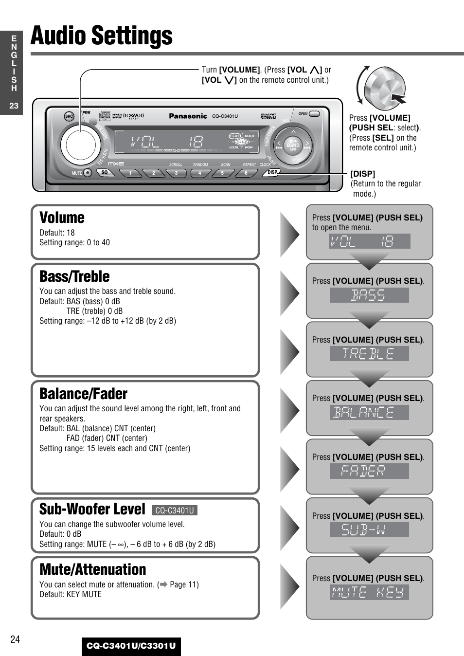 As needed, Audio settings, Balance/fader | Bass/treble, Volume, Sub-woofer level, Mute/attenuation | Panasonic C3301U User Manual | Page 24 / 36