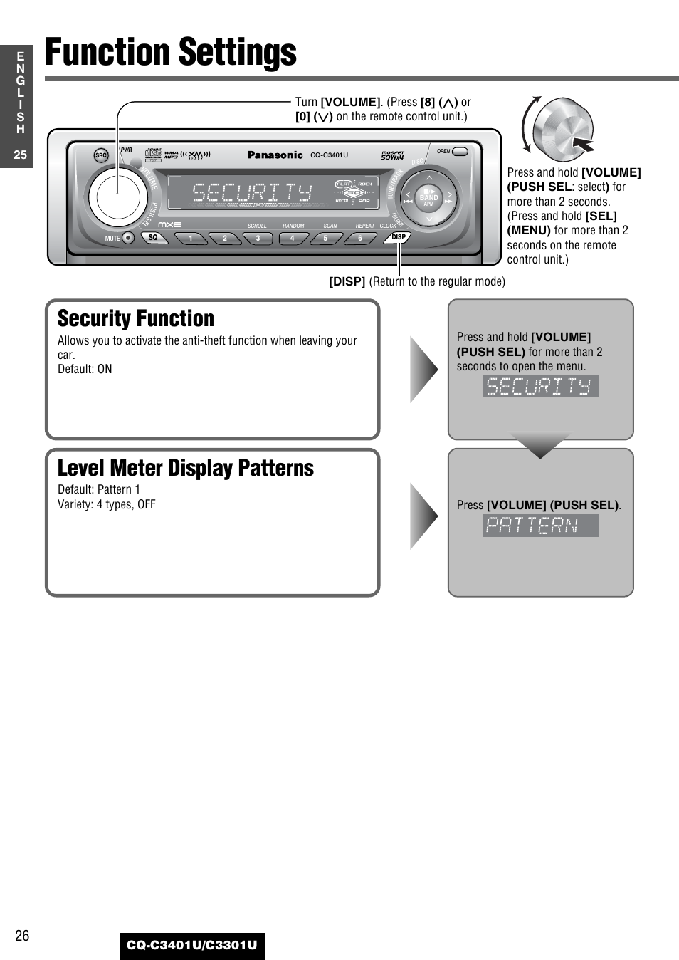 Function settings, Security function, Level meter display patterns | Or [0, On the remote control unit.) | Panasonic C3301U User Manual | Page 26 / 36