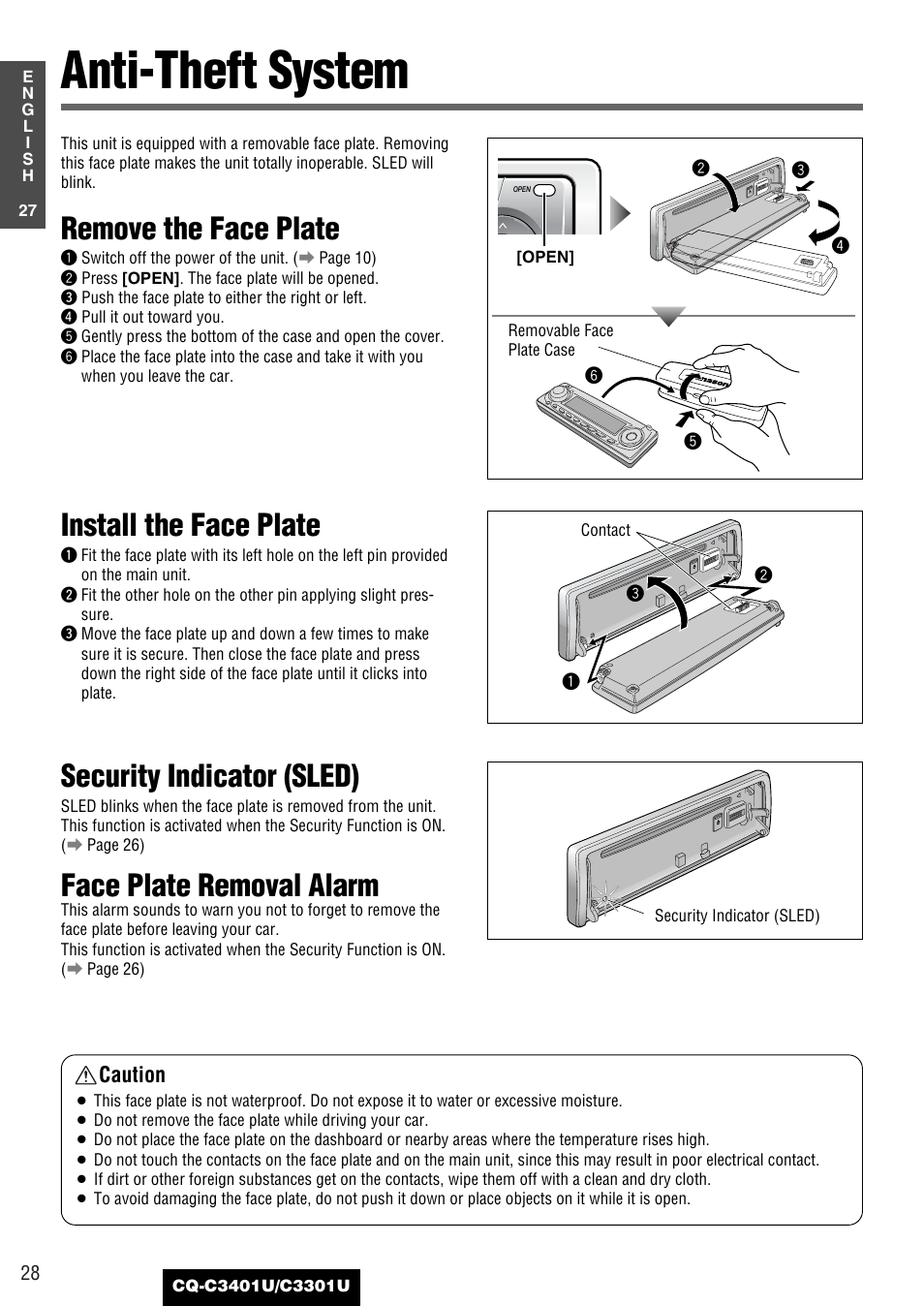 Anti-theft system, Remove the face plate, Install the face plate | Security indicator (sled), Face plate removal alarm, Caution | Panasonic C3301U User Manual | Page 28 / 36