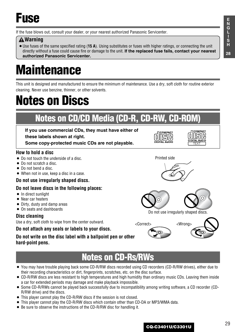 Fuse, Maintenance, Notes on discs | Panasonic C3301U User Manual | Page 29 / 36