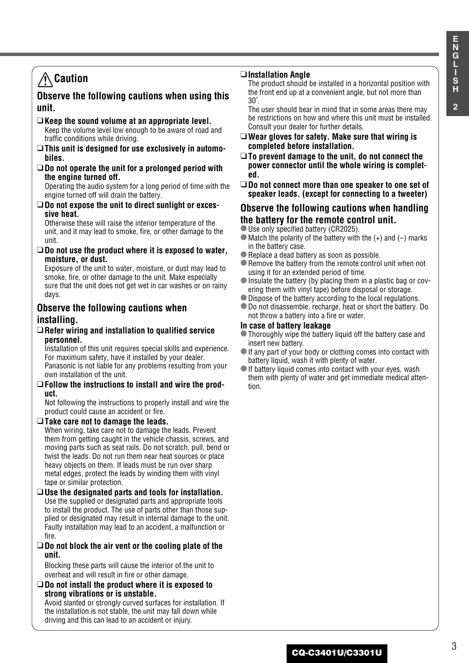 Caution | Panasonic C3301U User Manual | Page 3 / 36