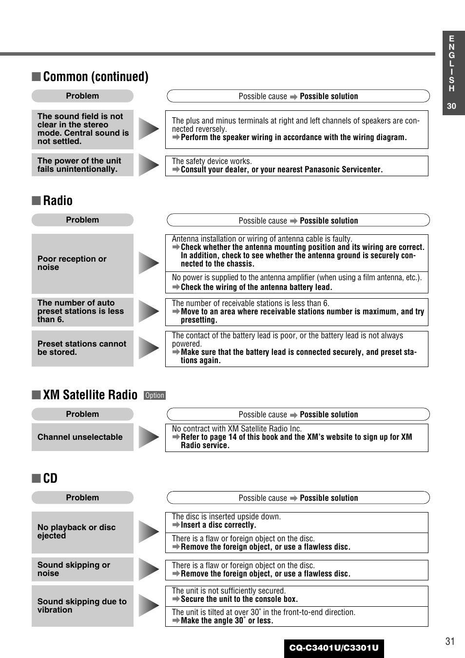 Common (continued), Radio, Xm satellite radio | Panasonic C3301U User Manual | Page 31 / 36