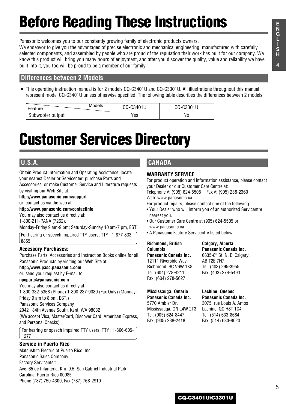 Before reading these instructions, Customer services directory, U.s.a | Canada, Differences between 2 models | Panasonic C3301U User Manual | Page 5 / 36