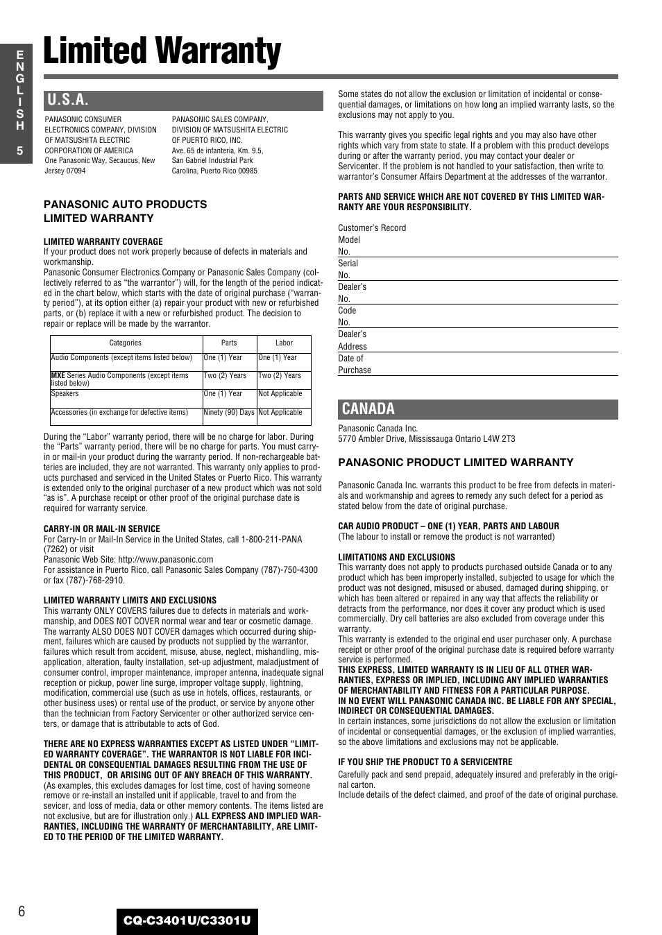 Limited warranty, U.s.a, Canada | Panasonic C3301U User Manual | Page 6 / 36