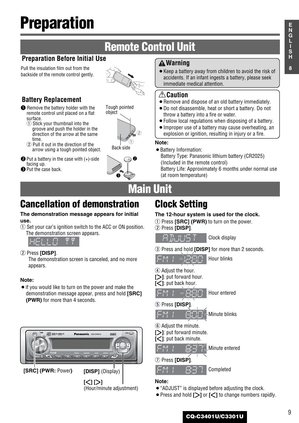 Preparation, Remote control unit main unit, Cancellation of demonstration clock setting | Warning, Caution, Preparation before initial use, Battery replacement | Panasonic C3301U User Manual | Page 9 / 36