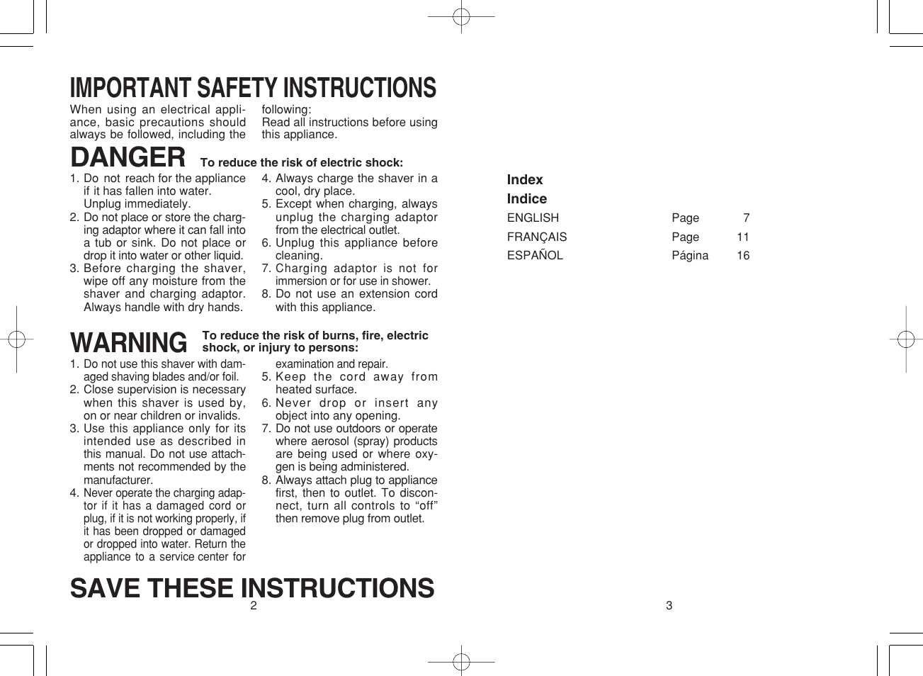 Important safety instructions, Important safety instructions warning, Danger | Save these instructions | Panasonic ES2218 User Manual | Page 2 / 11