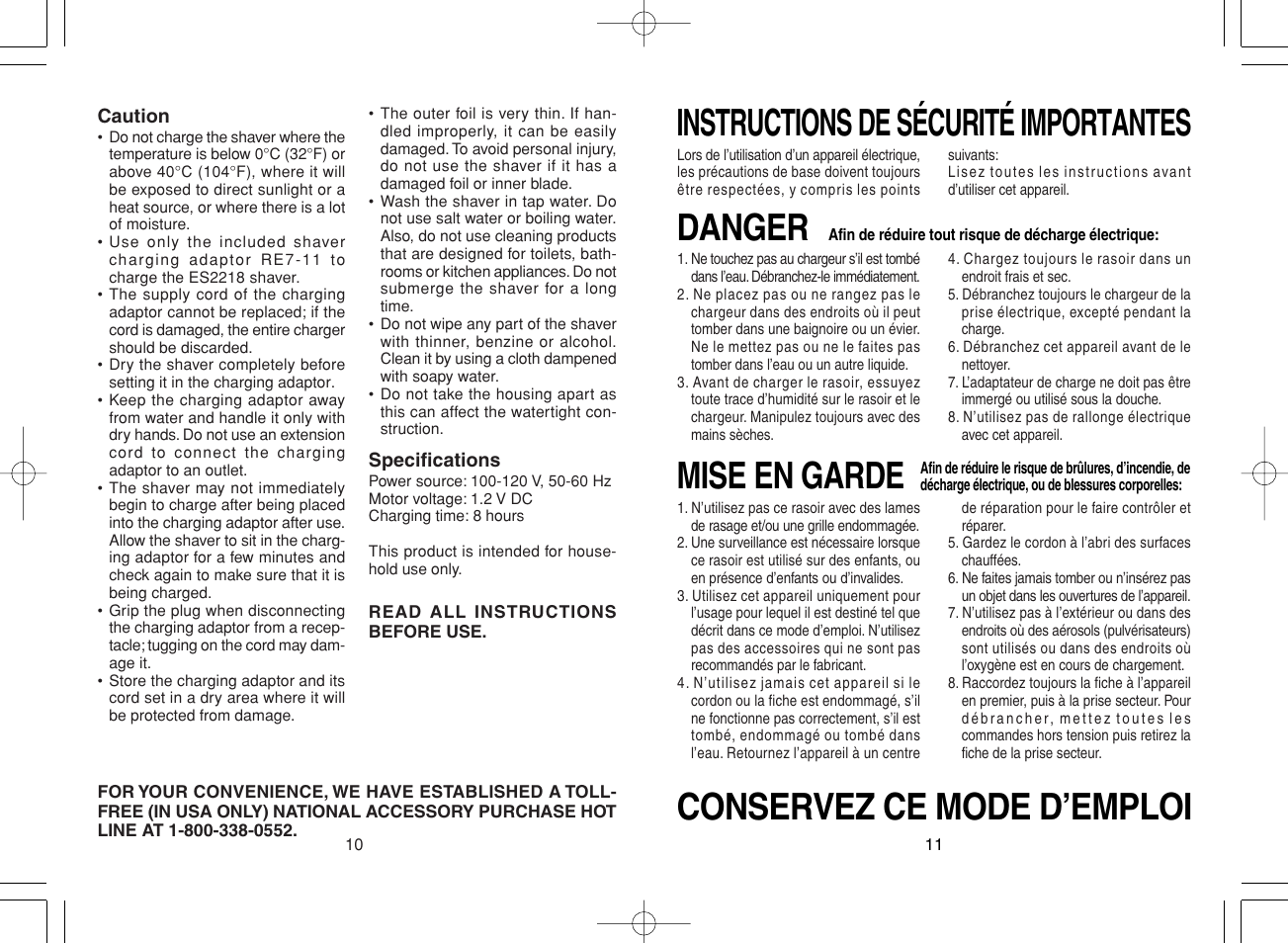 Instructions de sécurité importantes, Conservez ce mode d’emploi | Panasonic ES2218 User Manual | Page 6 / 11