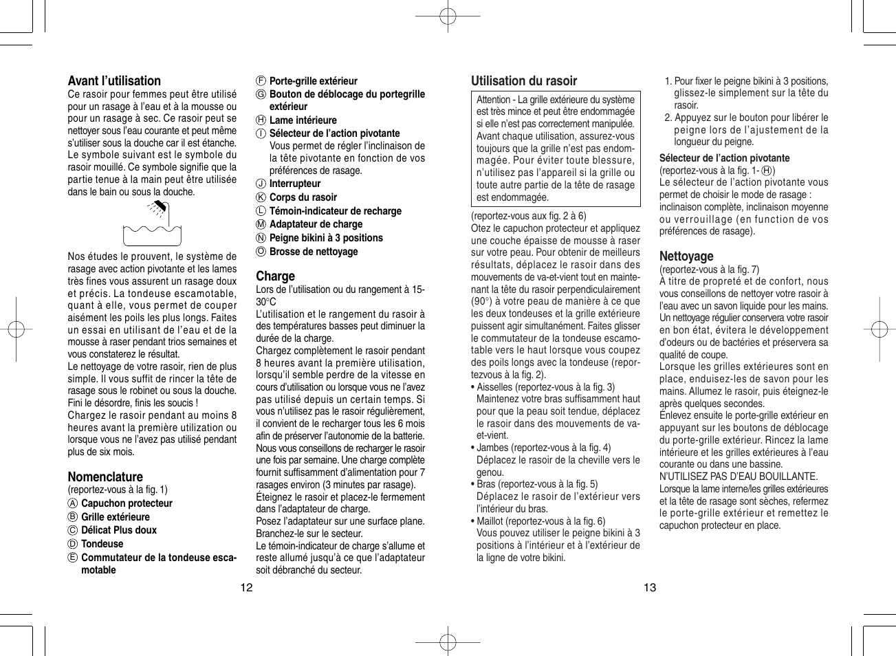 Utilisation du rasoir, Nettoyage, Avant l’utilisation | Nomenclature, Charge | Panasonic ES2218 User Manual | Page 7 / 11