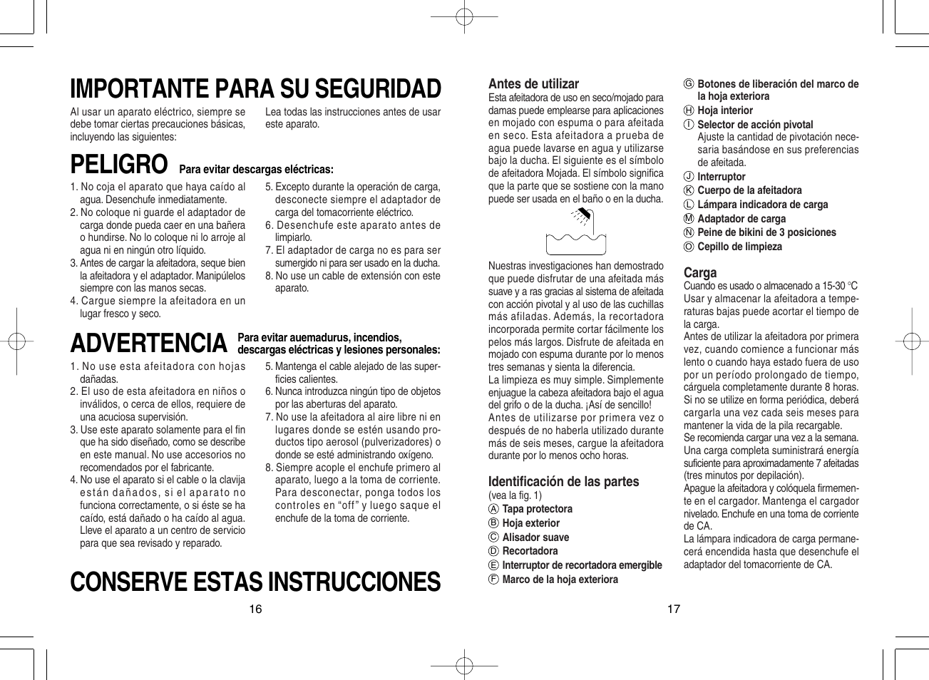 Importante para su seguridad advertencia peligro, Conserve estas instrucciones | Panasonic ES2218 User Manual | Page 9 / 11