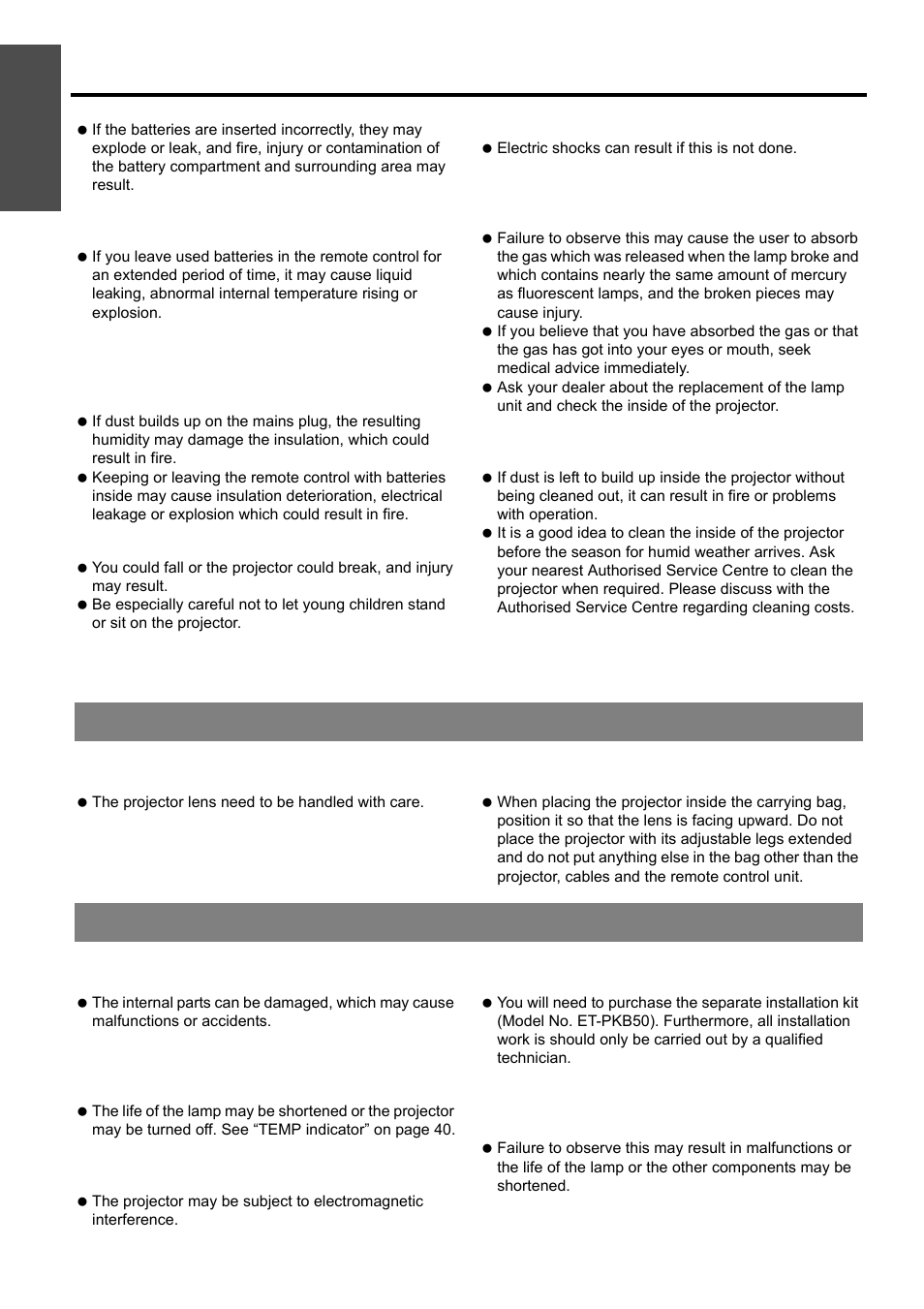 Cautions when transporting, Cautions when installing, Nglish - 10 | Precautions with regard to safety, Important information | Panasonic PT-LB51E User Manual | Page 10 / 56