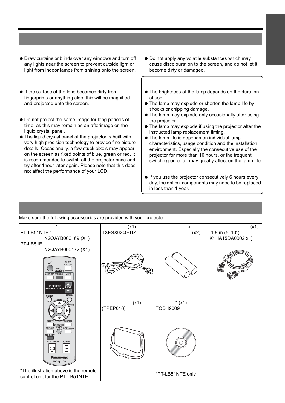 Cautions on use, Accessories, Cautions on use accessories | Nglish - 11, Precautions with regard to safety, Important information | Panasonic PT-LB51E User Manual | Page 11 / 56