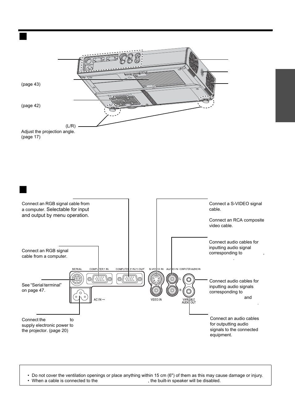 Nglish - 15, About your projector, J back and bottom view | J connector panel, Prep arat ion | Panasonic PT-LB51E User Manual | Page 15 / 56