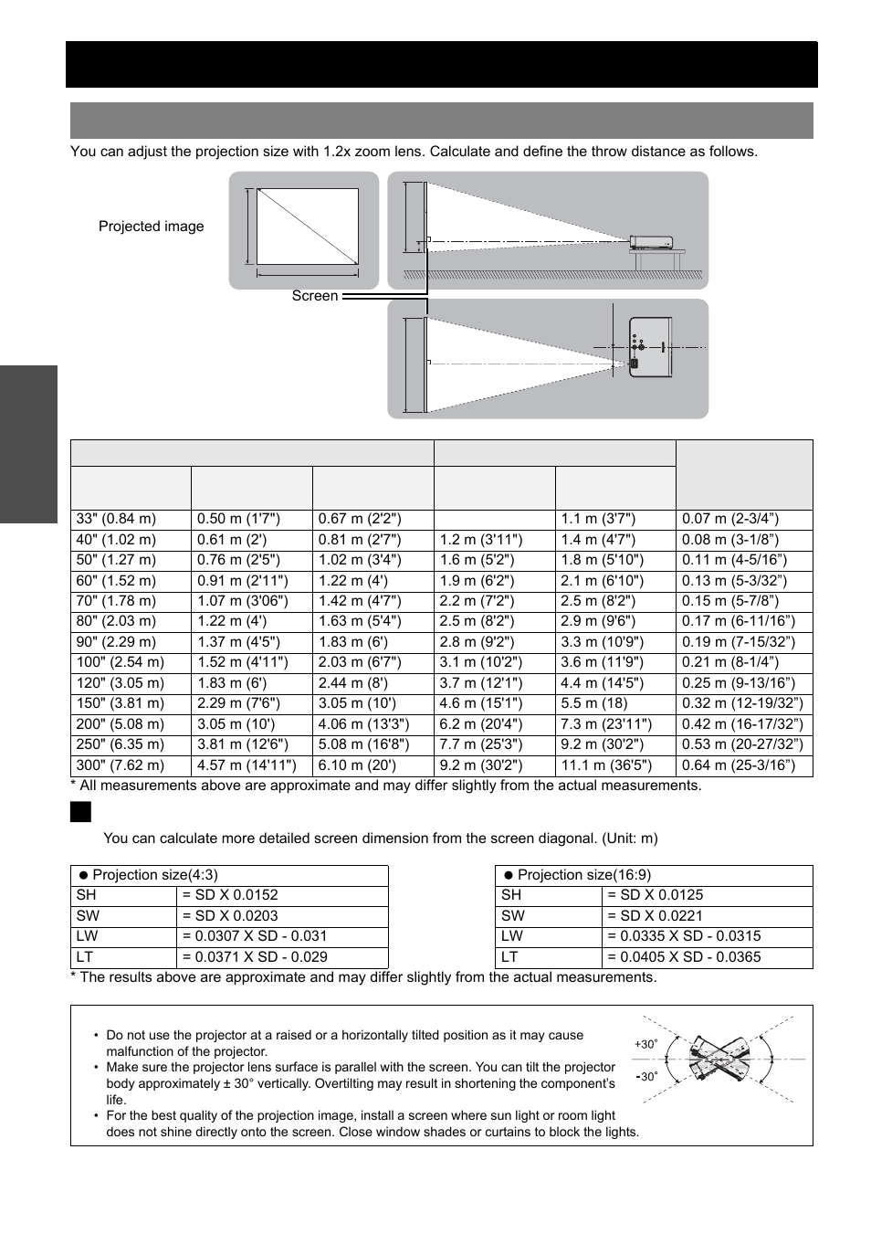 Setting up, Screen size and throw distance, Nglish - 16 | J calculation methods for screen dimensions, Getting started | Panasonic PT-LB51E User Manual | Page 16 / 56