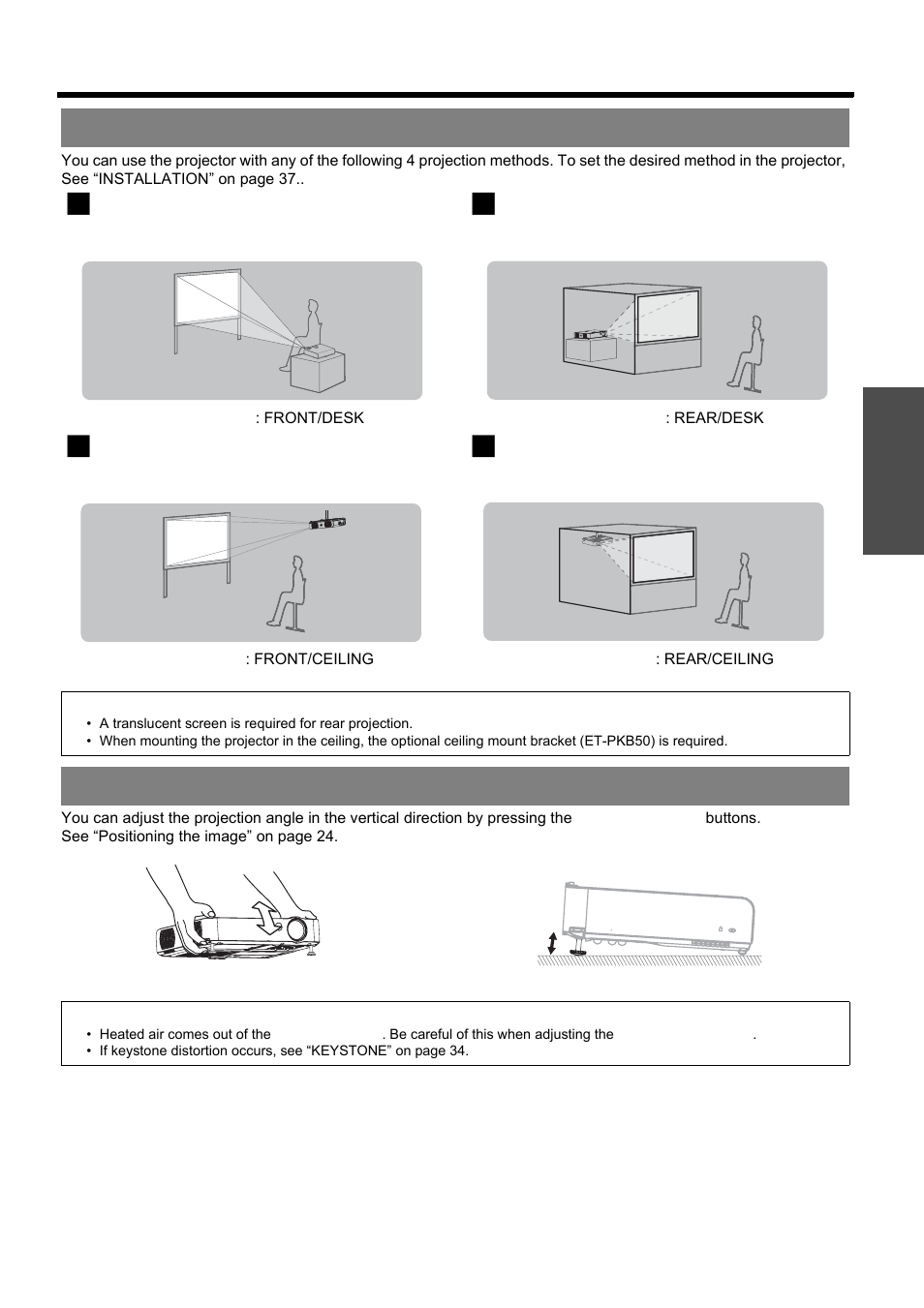 Projection method, Front adjustable legs and throwing angle, Nglish - 17 | Panasonic PT-LB51E User Manual | Page 17 / 56