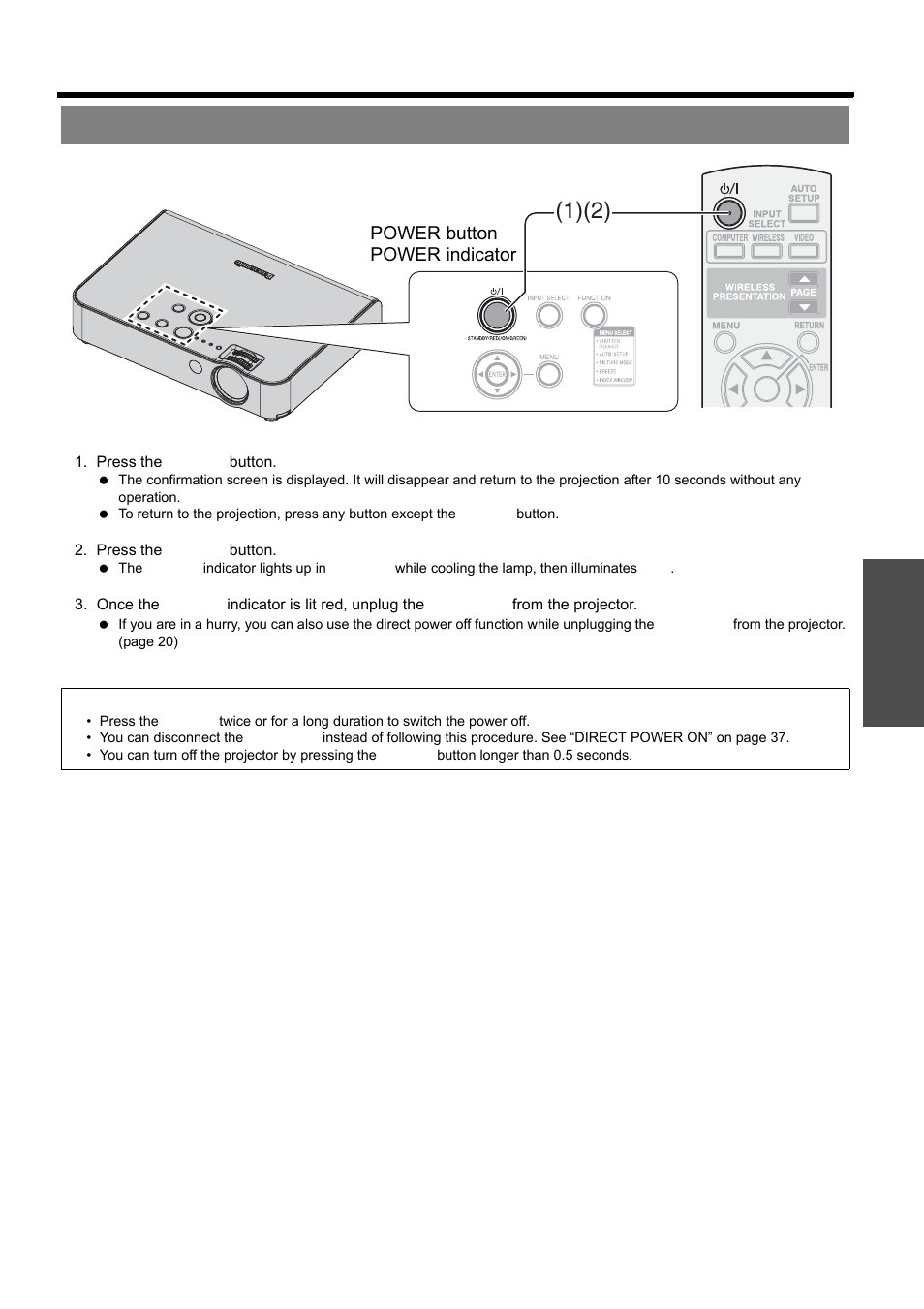 Switching off the projector, Nglish - 23, Switching the projector on/off | Panasonic PT-LB51E User Manual | Page 23 / 56