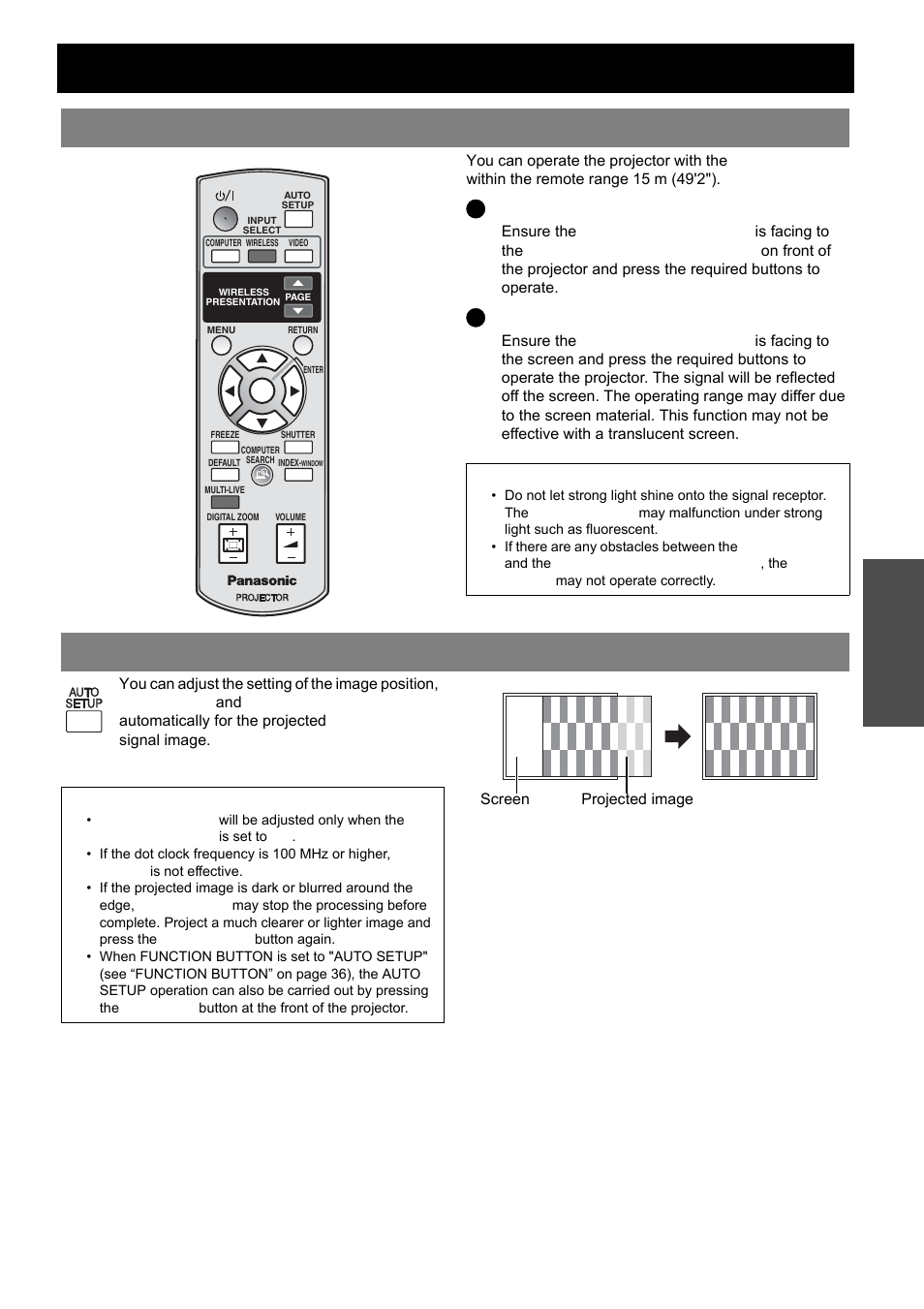 Remote control operation, Operating range, Setting up the image position automatically | Nglish - 25, Basic o p eration, Q facing to the projector, Q facing to the screen | Panasonic PT-LB51E User Manual | Page 25 / 56