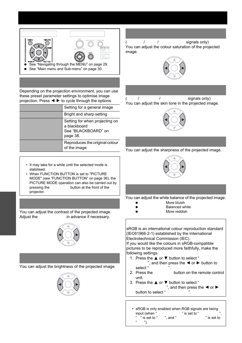 Picture menu, Picture mode, Contrast | Brightness, Color, Tint, Sharpness, Color temperature, Contrast brightness, Color tint sharpness color temperature | Panasonic PT-LB51E User Manual | Page 32 / 56