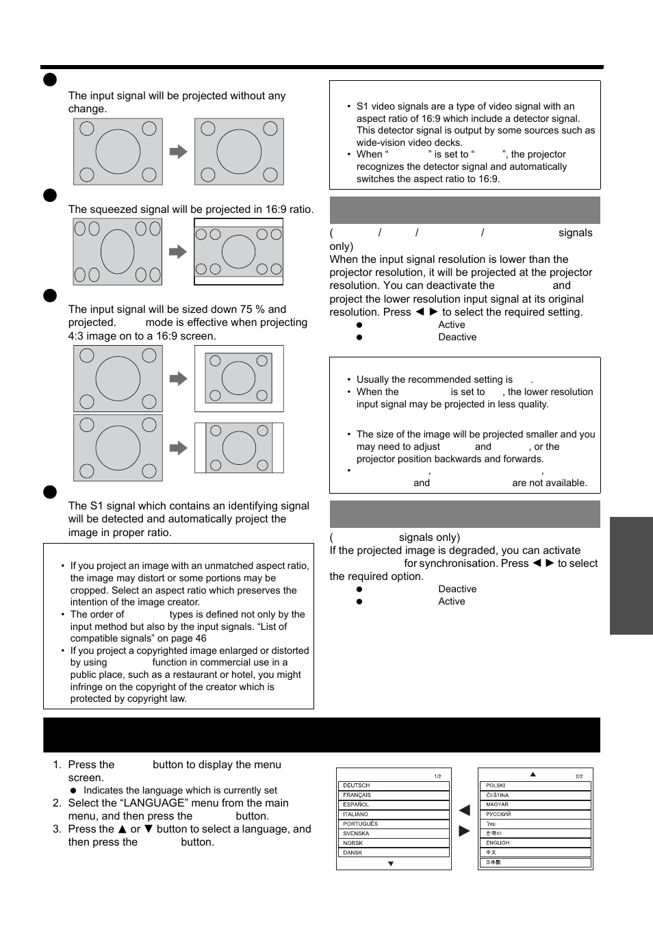 Resizing, Frame lock, Language menu | Nglish - 35, S1 video signals | Panasonic PT-LB51E User Manual | Page 35 / 56