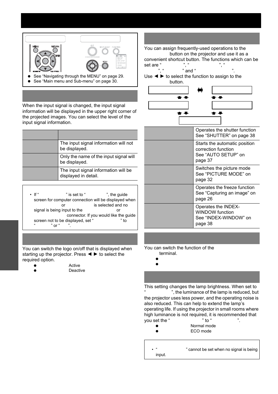 Option menu, Input guide, Startup logo | Function button, Computer2 select, Lamp power, E" (see, Computer2 select lamp power, Nglish - 36, Settings | Panasonic PT-LB51E User Manual | Page 36 / 56