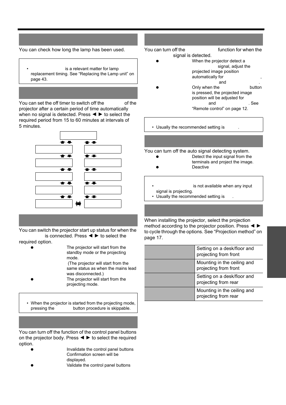 Lamp runtime, Power off timer, Direct power on | Control panel, Auto setup, Signal search, Installation, See “signal, Power off timer direct power on, Nglish - 37 | Panasonic PT-LB51E User Manual | Page 37 / 56