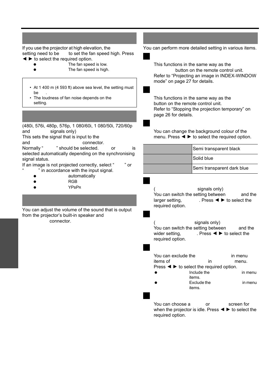 Highland, Rgb/ypbpr, Volume | Detailed setup, Rgb/yp, Volume detailed setup, Nglish - 38, Option menu, J index-window, J shutter | Panasonic PT-LB51E User Manual | Page 38 / 56