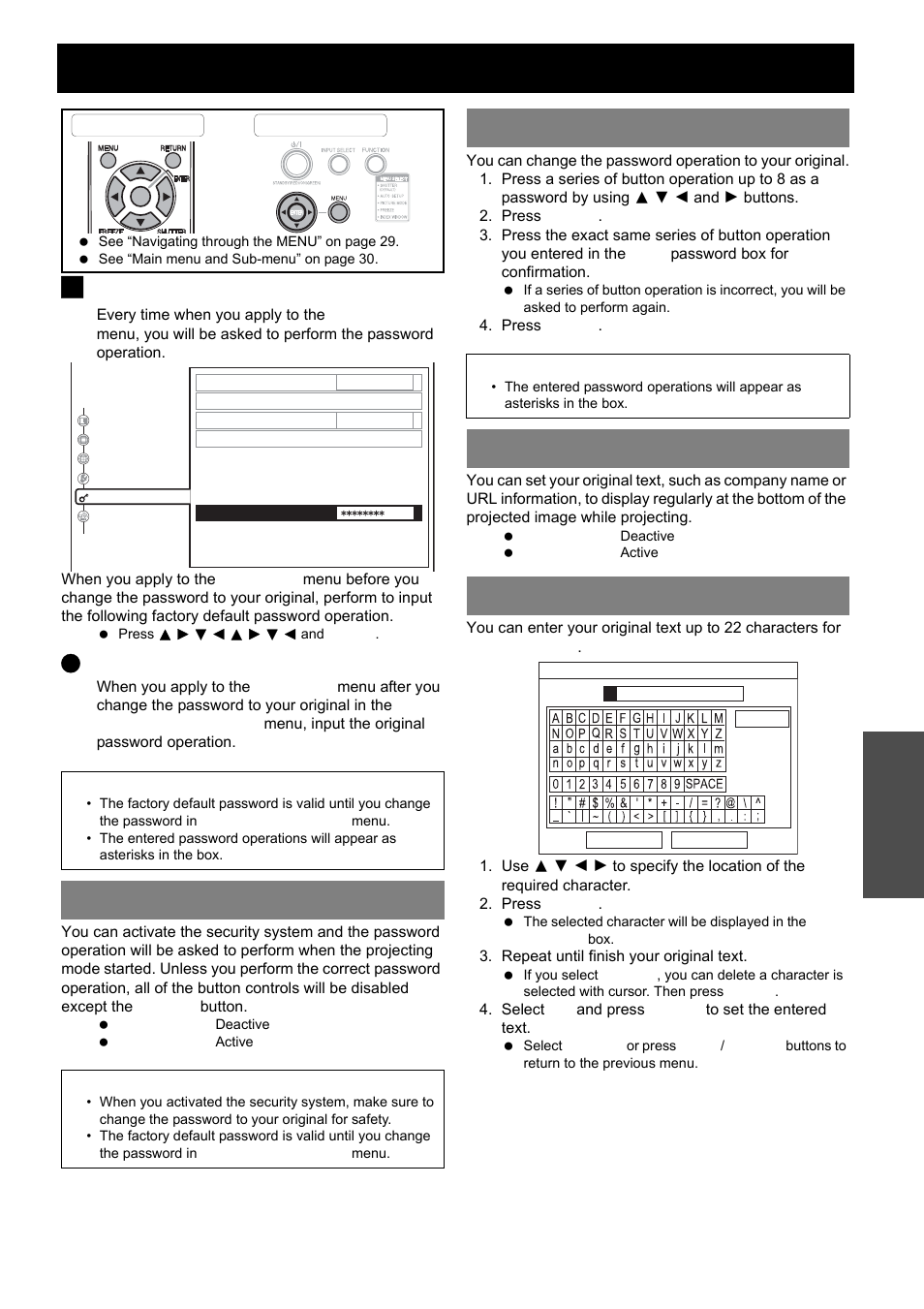 Security menu, Input password, Password change | Text display, Text change, Text display text change, Nglish - 39, J entering the security, Settings, Q after you change the password | Panasonic PT-LB51E User Manual | Page 39 / 56