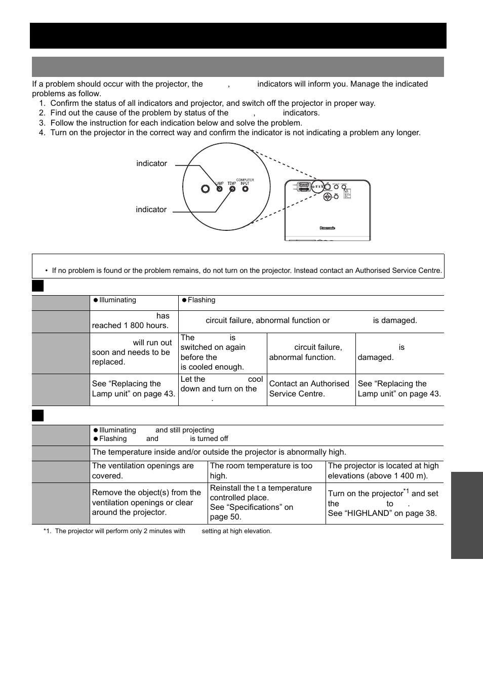 Temp, lamp indicators, Managing the indicated problems, Nglish - 41 | J lamp indicator j temp indicator, Maintenance | Panasonic PT-LB51E User Manual | Page 41 / 56