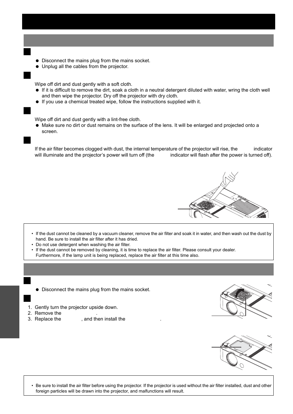 Care and replacement, Cleaning the projector, Replacing the air filter | Nglish - 42, J before cleaning the projector, J cleaning the outer surface of the projector, J cleaning the lens, J cleaning the air filter, J before replacing the air filter, J replacement procedure | Panasonic PT-LB51E User Manual | Page 42 / 56