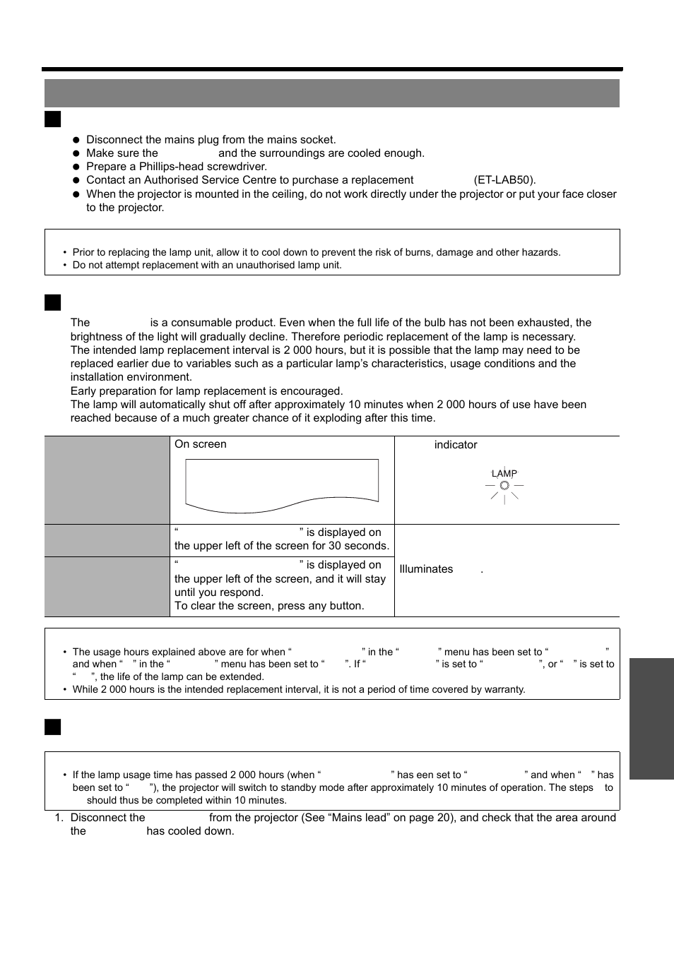 Replacing the lamp unit, Nglish - 43, Care and replacement | J before replacing the lamp unit, J when to replace the lamp unit, J replacement procedure | Panasonic PT-LB51E User Manual | Page 43 / 56