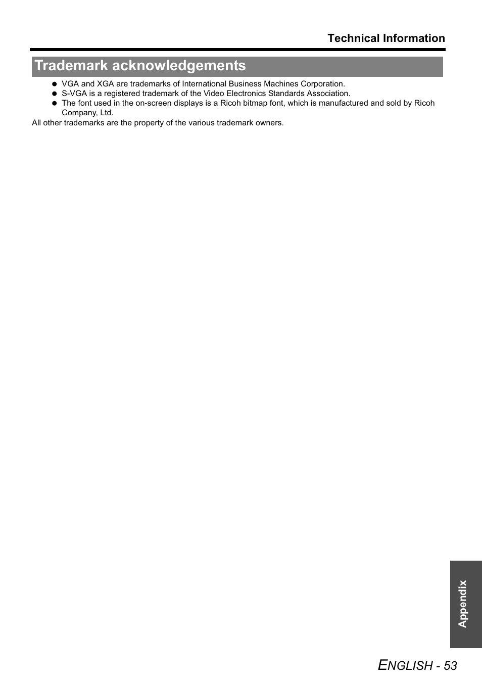 Trademark acknowledgements | Panasonic PT-LB51E User Manual | Page 53 / 56