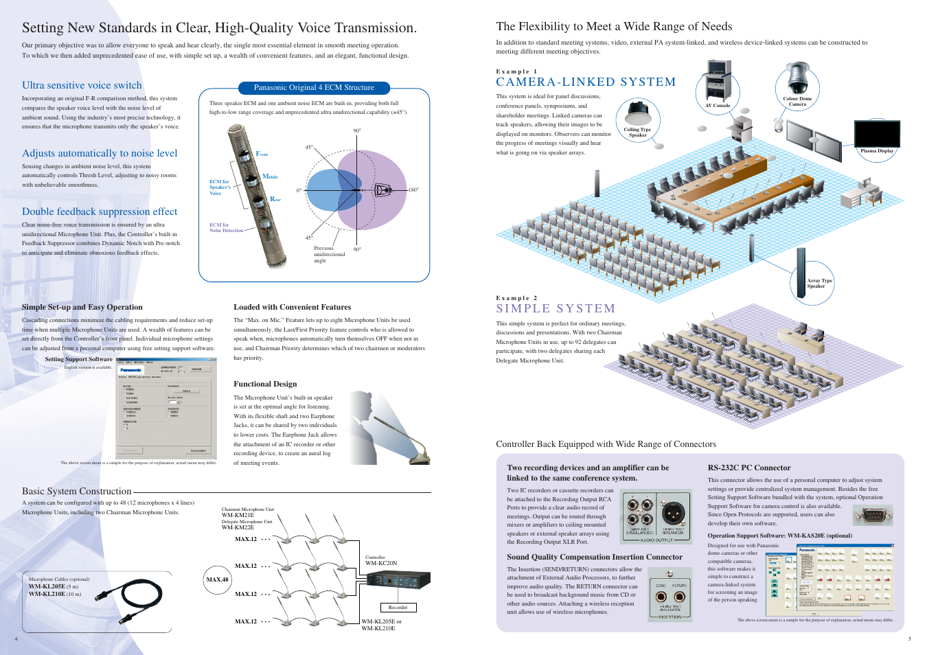 The flexibility to meet a wide range of needs, Ultra sensitive voice switch, Adjusts automatically to noise level | Double feedback suppression effect, Basic system construction | Panasonic WS-AT300E User Manual | Page 3 / 5