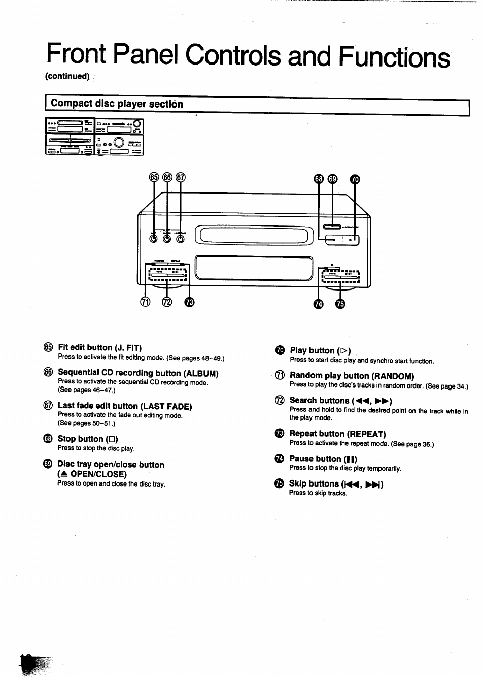 Compact disc player section, Fit edit button (j. fit), Sequentiai cd recording button (album) | Last fade edit button (last fade), D) stop button (□), D disc tray open/ciose button (a open/close), 0 piay button (>), Random play button (random), Search buttons (■^■^, p-p>), Repeat button (repeat) | Panasonic SC-CH950 User Manual | Page 18 / 85