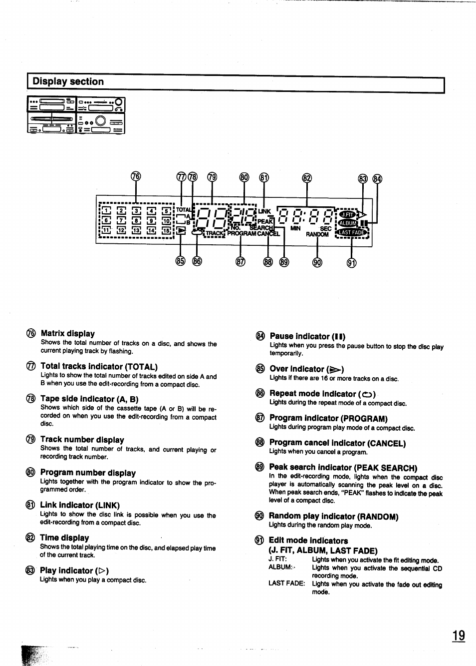 Display section, Matrix display, Total tracks indicator (total) | Tape side indicator (a, b), Track number dispiay, Program number dispiay, Link indicator (link), Time display, Play indicator (>), Pause indicator (ii) | Panasonic SC-CH950 User Manual | Page 19 / 85