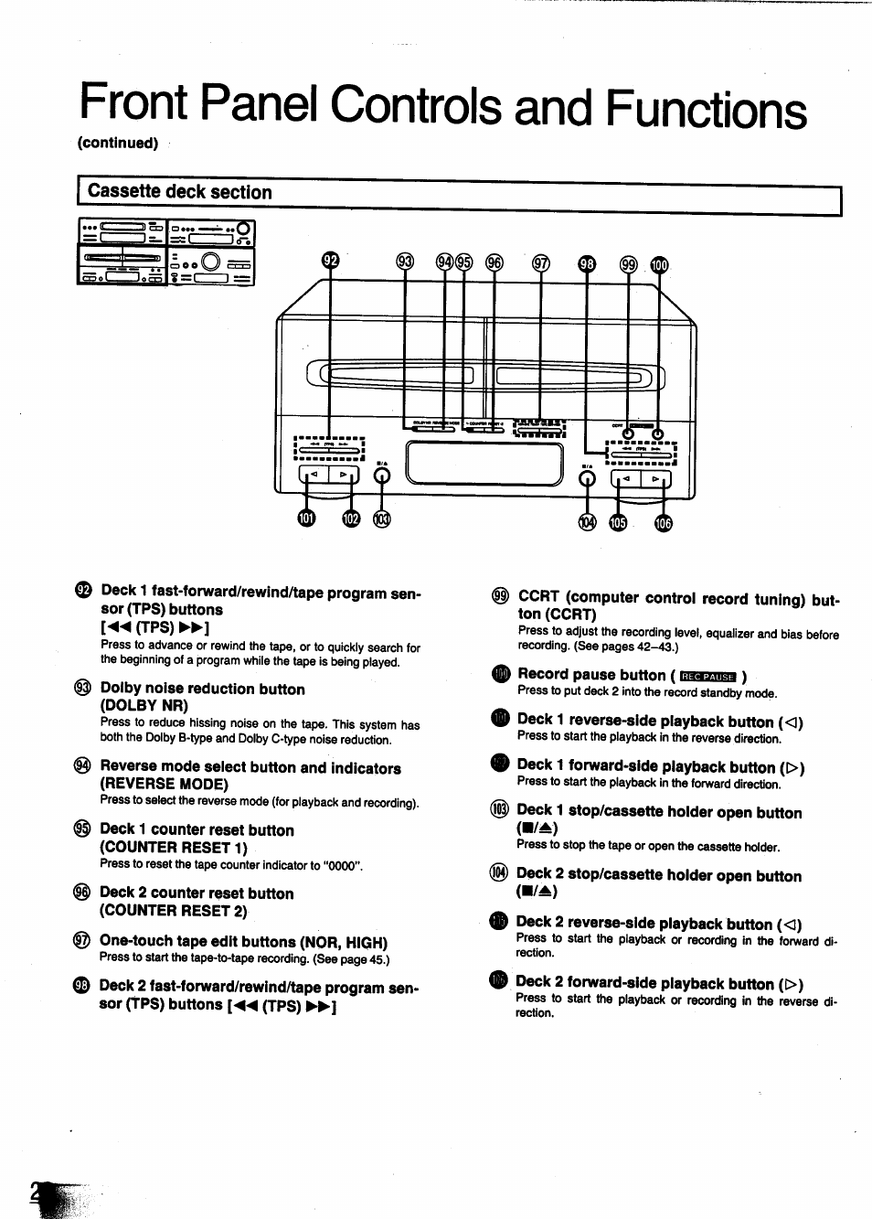 Cassette deck section, Front panel controls and functions | Panasonic SC-CH950 User Manual | Page 20 / 85