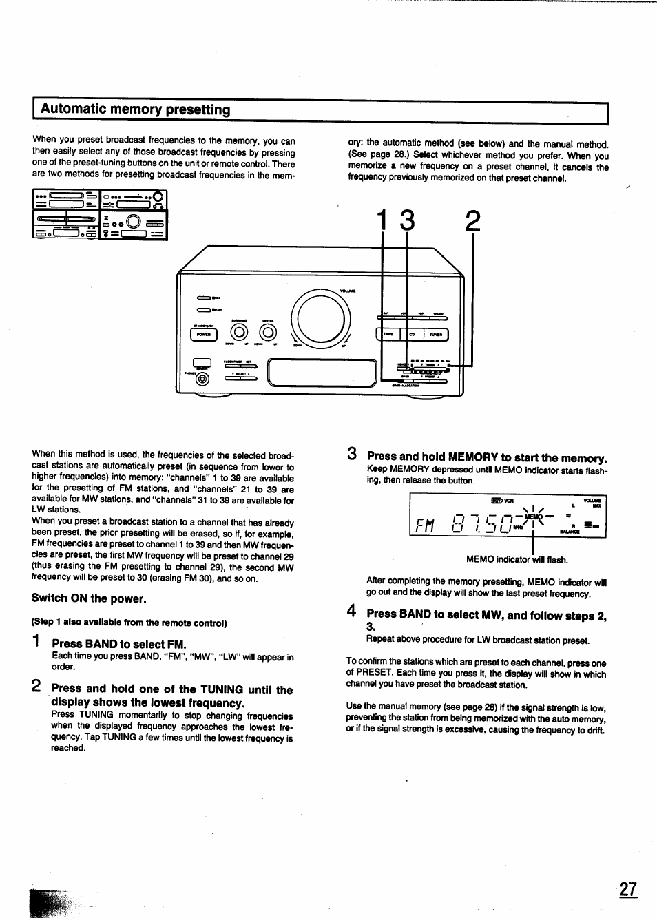 Automatic memory presetting, Switch on the power, 1 press band to select fm | 3 press and hold memory to start the memory, 4 press band to select mw, and follow steps 2, 3 | Panasonic SC-CH950 User Manual | Page 27 / 85