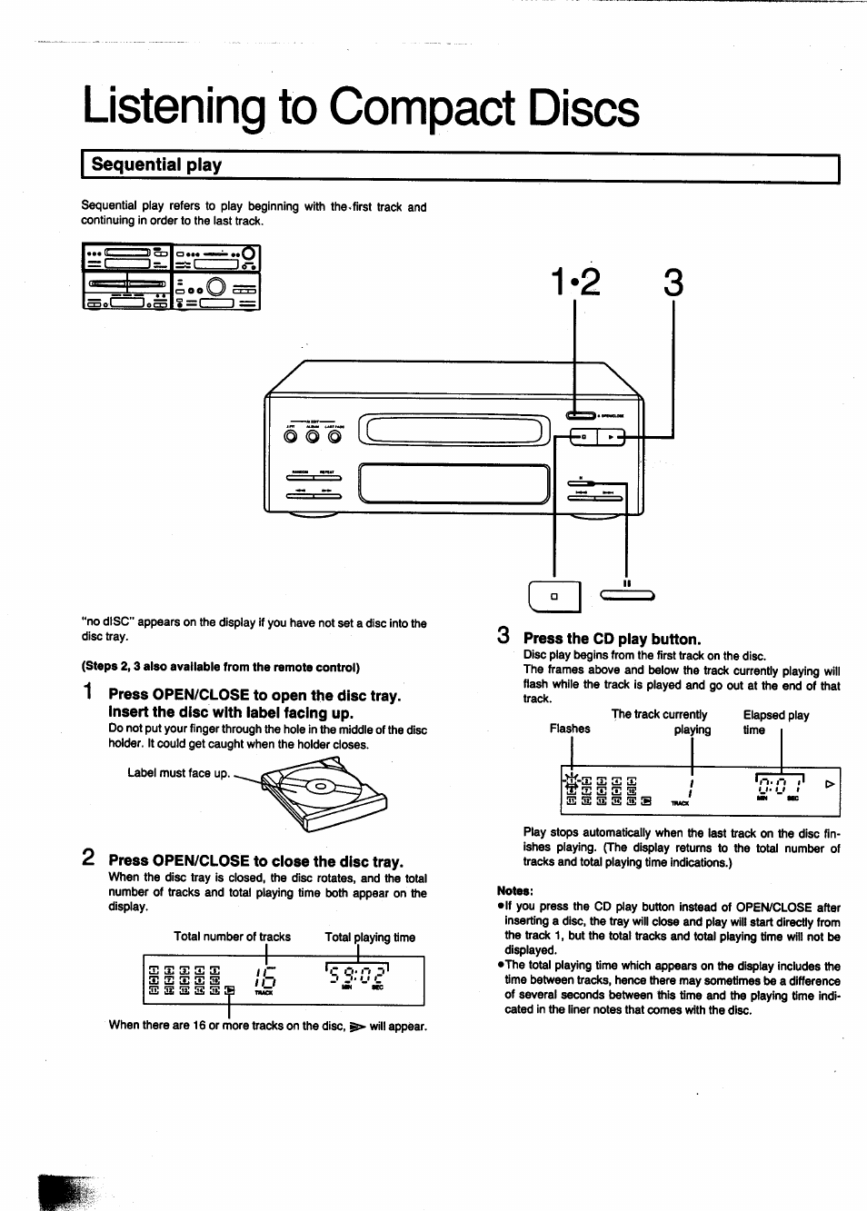 Sequential play, 2 press open/close to close the disc tray, Press the cd play button | Listening to compact discs | Panasonic SC-CH950 User Manual | Page 30 / 85