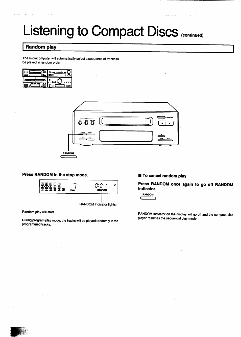 Continued), Random play, Press random in the stop mode | To cancei random piay, Press random once again to go off random indicator, Listening to compact discs | Panasonic SC-CH950 User Manual | Page 34 / 85