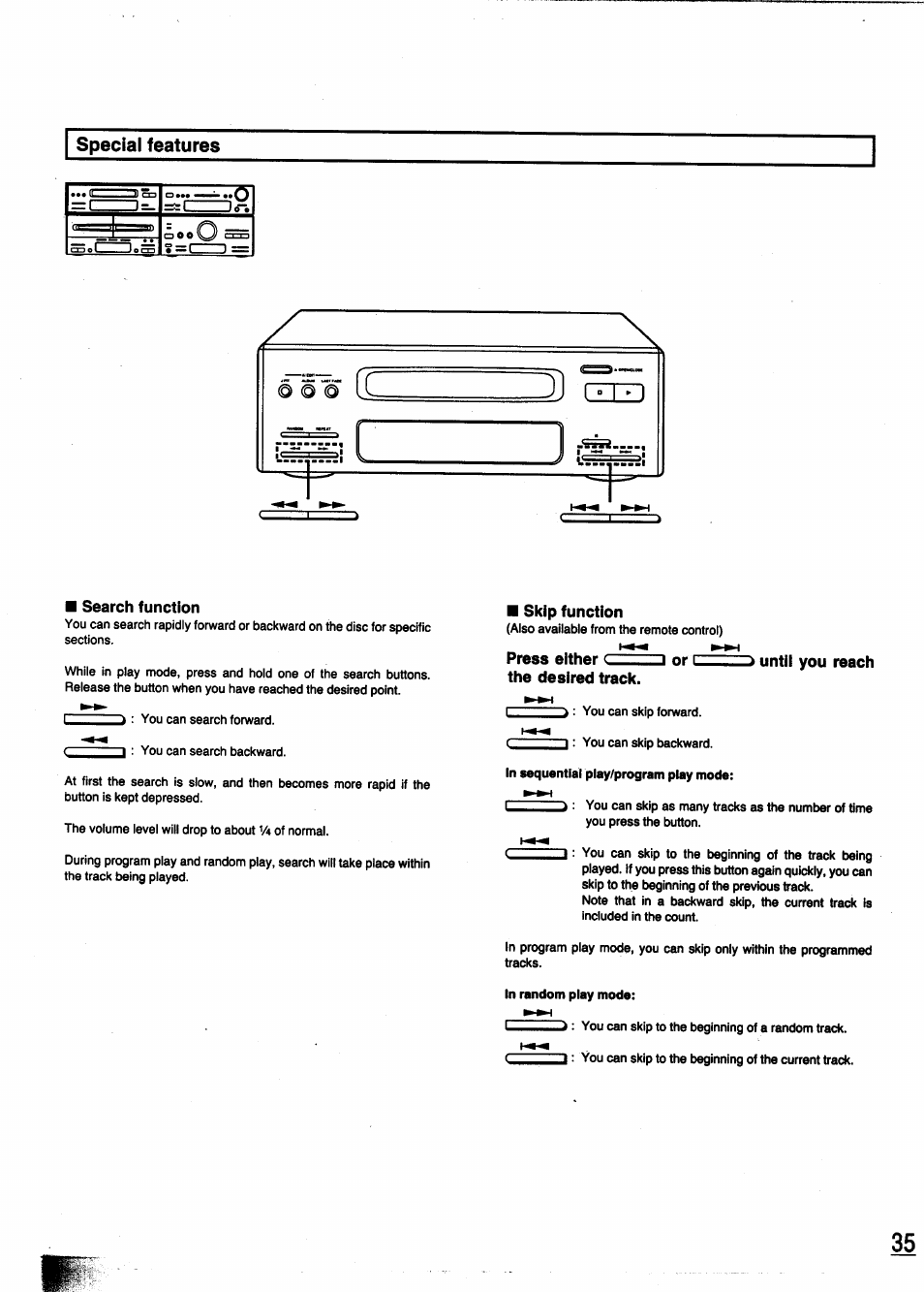 Special features, Search function, Skip function | Press either c, Or c, The desired track, Until you reach | Panasonic SC-CH950 User Manual | Page 35 / 85