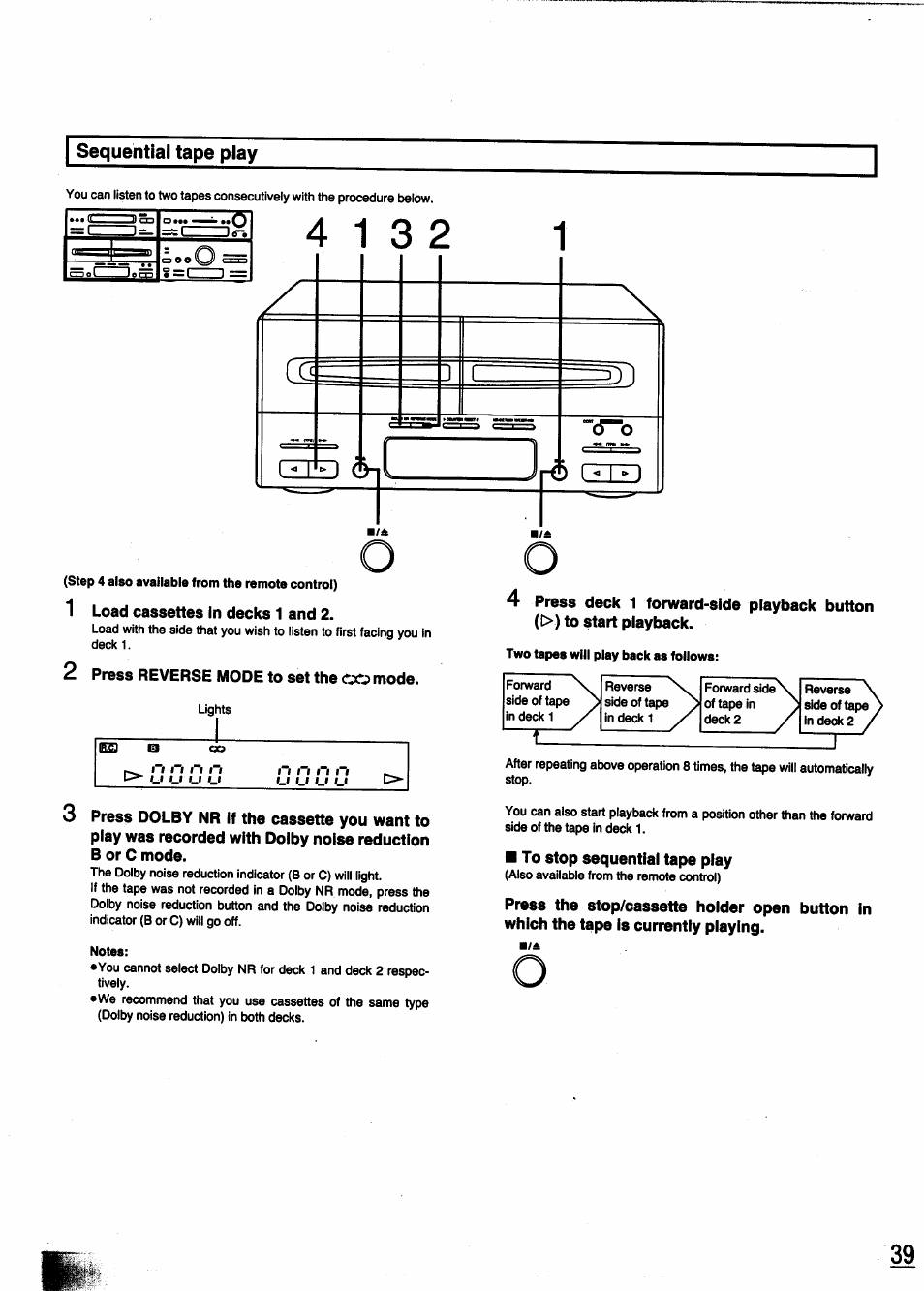 Sequential tape play, 1 load cassettes in decks 1 and 2, 2 press reverse mode to set the oo mode | To stop sequential tape play | Panasonic SC-CH950 User Manual | Page 39 / 85