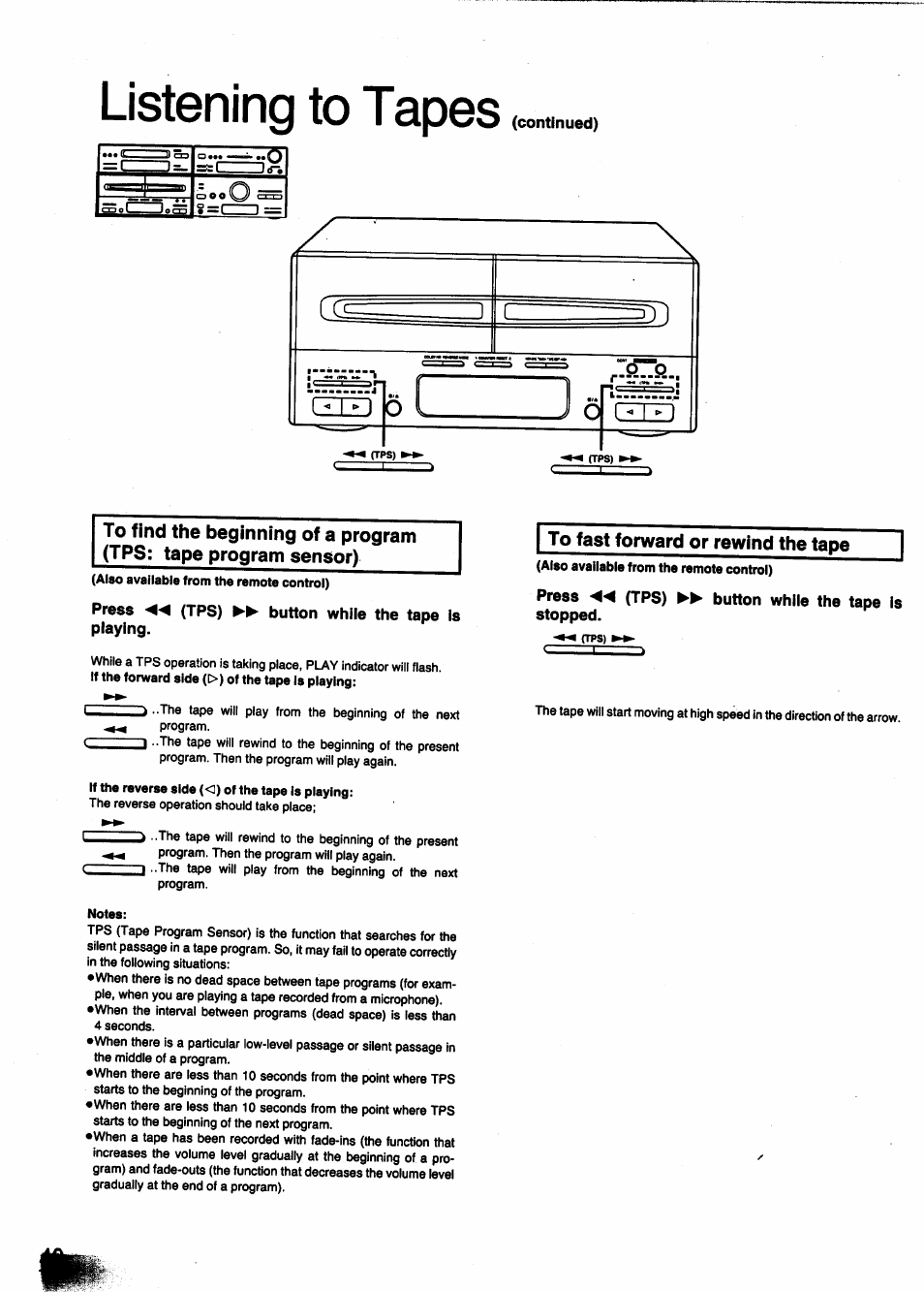 Press (tps) button while the tape is playing, To fast forward or rewind the tape, Press m-4 (tps) button while the tape is stopped | Listening to tapes | Panasonic SC-CH950 User Manual | Page 40 / 85