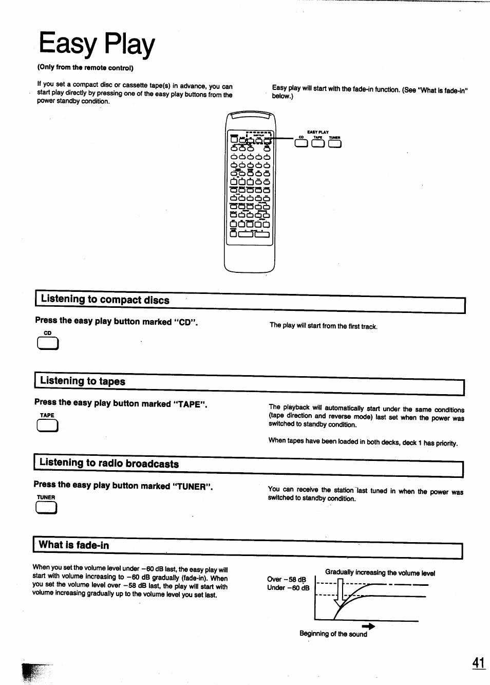 Easy play, Listening to compact discs, Listening to tapes | Listening to radio broadcasts, What is fade>in | Panasonic SC-CH950 User Manual | Page 41 / 85